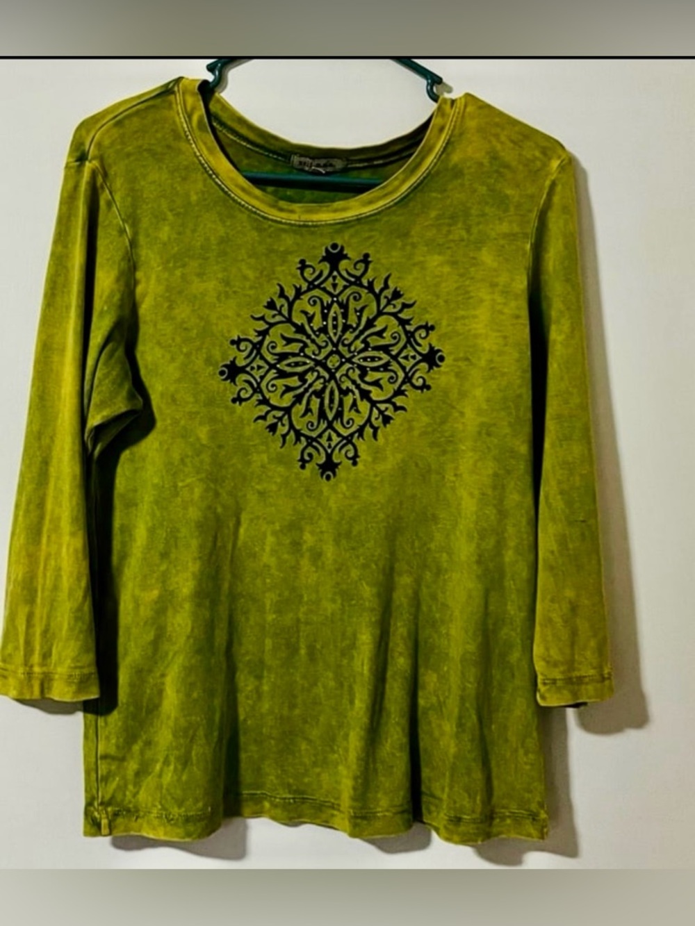 Olive Green Long-Sleeve Tee with Decorative Medallion